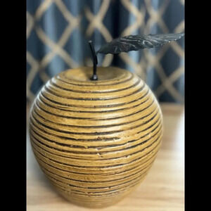 Large Vintage 8-9” Tall Rustic Ceramic Apple with One Metal Leaf Light Brown